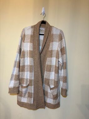 LOFT Beige and White Plaid Open-Front Cardigan